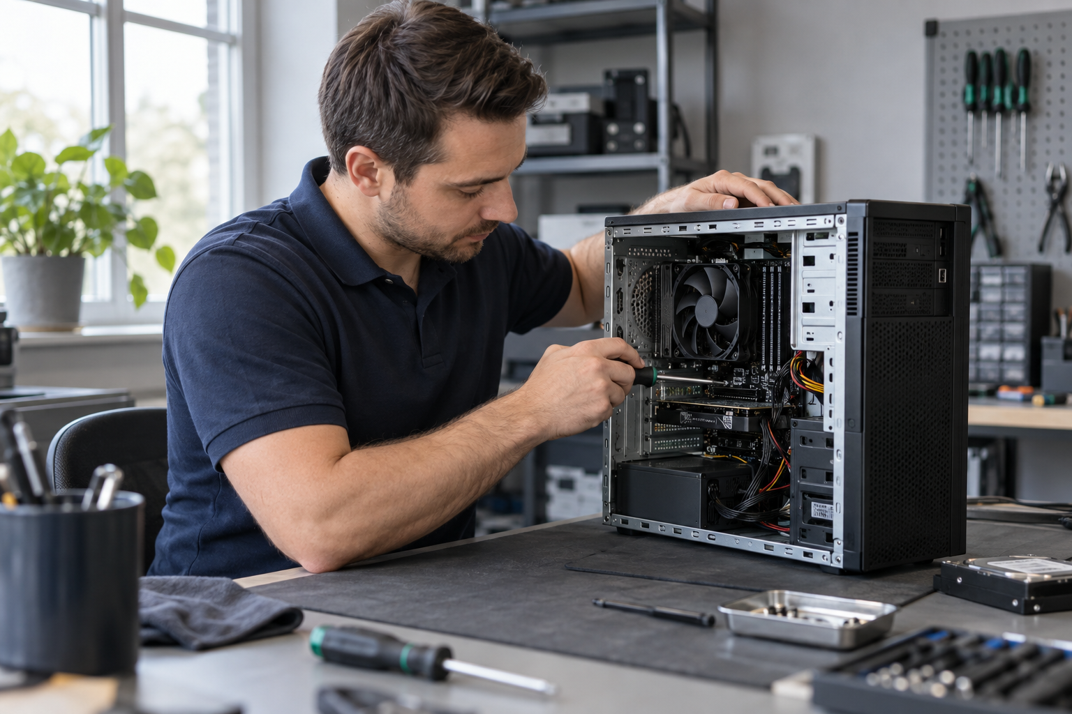 IT-Techniker bei der Wartung eines geöffneten Desktop-Computers